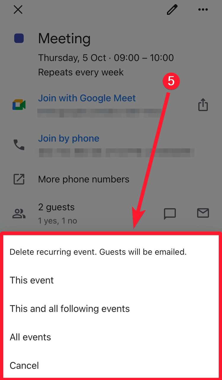 Delete recurring event on mobile