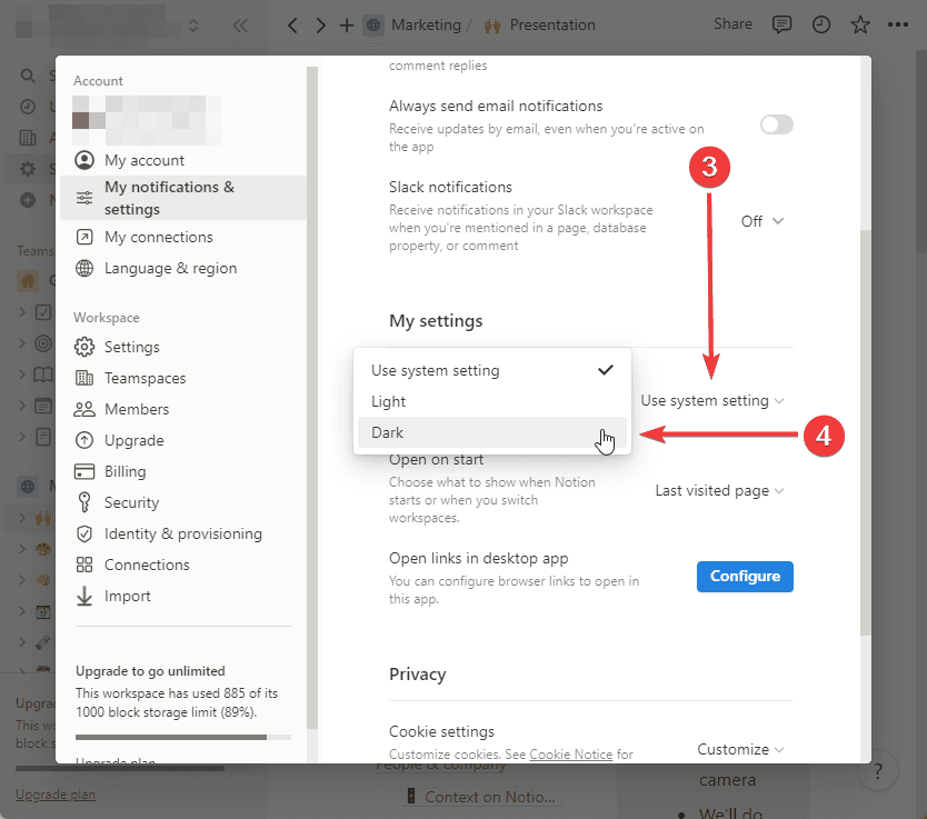 Gehe zu Erscheinungsbild und wähle die Einstellung Dunkelheit in Notion