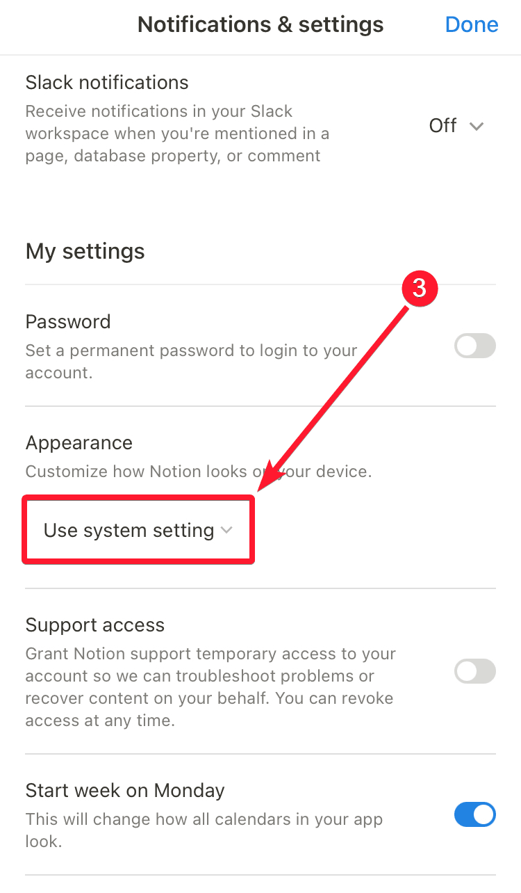 Scroll down to Appearance and select the Use system setting drop-down menu