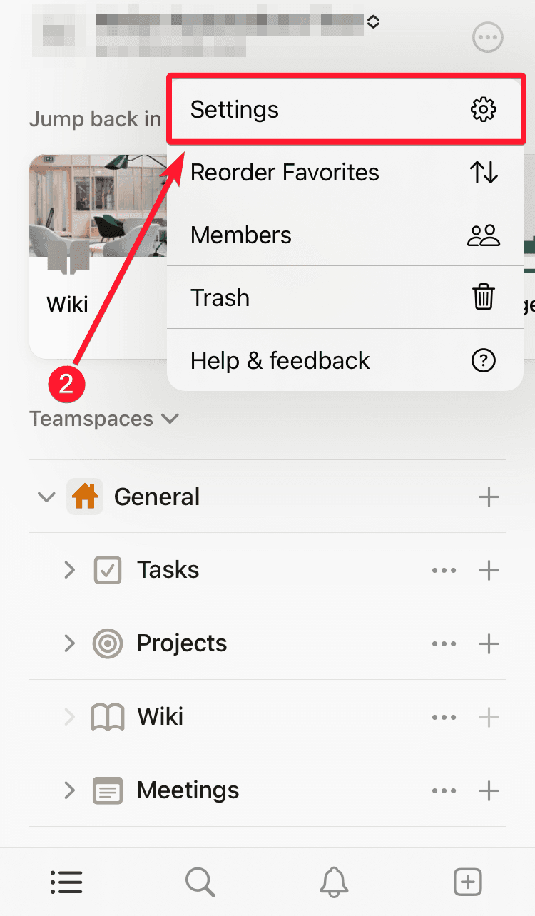 Tap Settings in the Notion mobile app