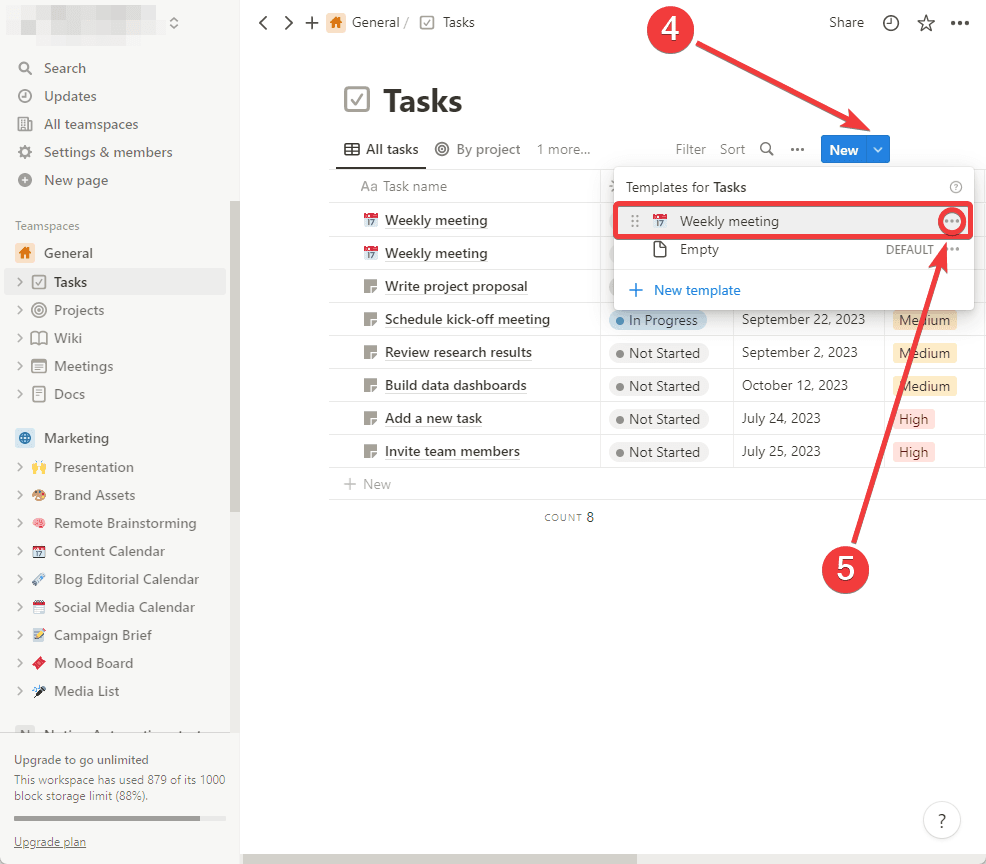 Configure the settings of the recurrent tasks by clicking on the three dots icon of your new template