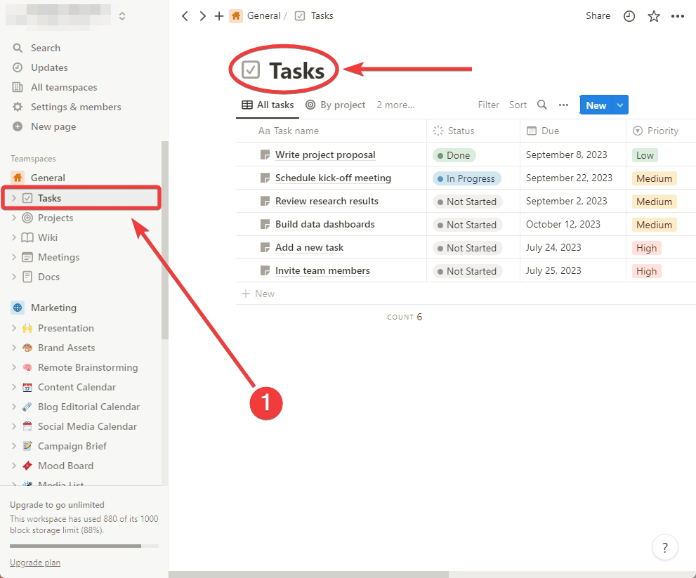 Va dans la base de données des tâches dans Notion