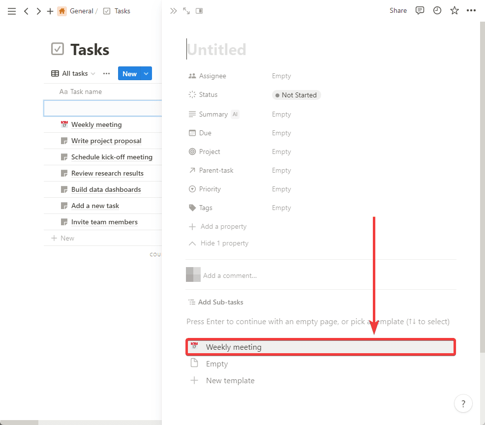 Alternative way to create a recurring task by creating an empty task and selecting the template